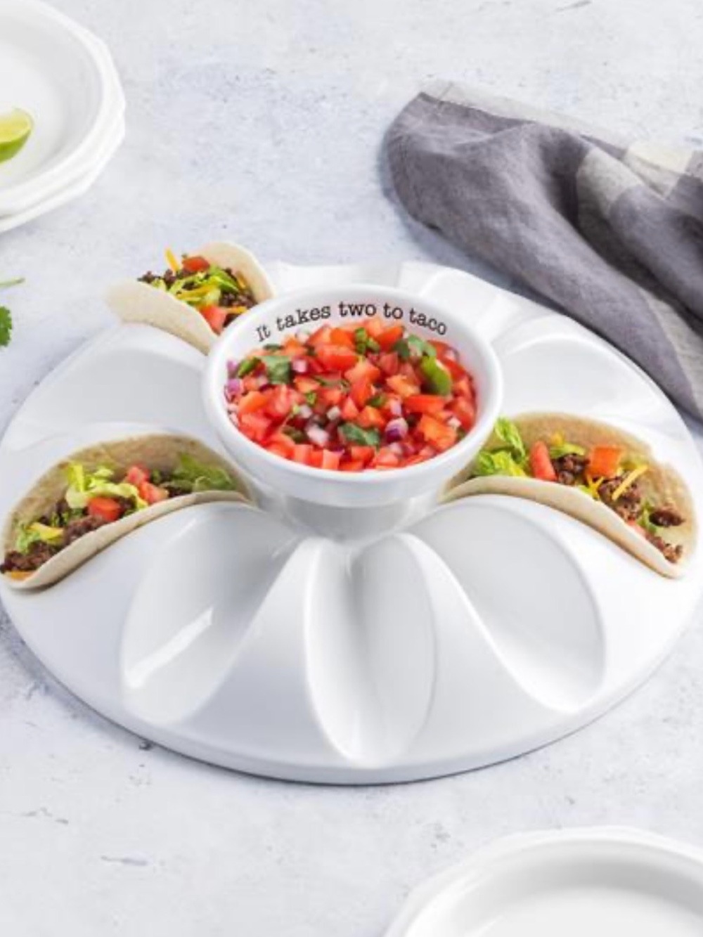 Mudpie It Takes Two to Taco White Taco Serving Platter with Center Dip Bowl